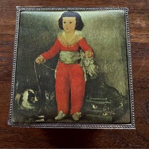Vintage Hinged Trinket Box Silk Fabric Goya Portrait Red Velvet Gold Tone